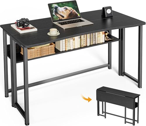 Huuger Folding Desk with Storage Shelf, 39.3 Inch Foldable Computer Table | Writing Work Office Computer Desk for Small Spaces, Space Saving Sofa Table for Couch, Easy to Fold, Black - color: Black, size: 18.5"D x 39.4"W