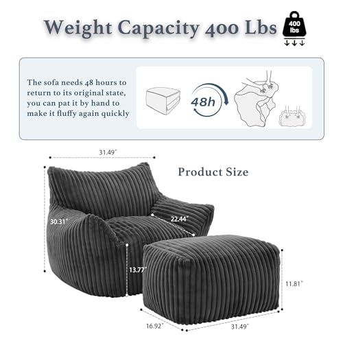 Gericco Oversized Bean Bag Chaise Lounge Chair Indoor for Adults with Armrests & Ottoman - Giant Comfy Gray Beanbag Floor Sofa Cloud Accent Chair for Reading, Gaming, Cozy Plush Cloud Mini Couch - color: Grey, size: XL Sofa Chair + Footstool