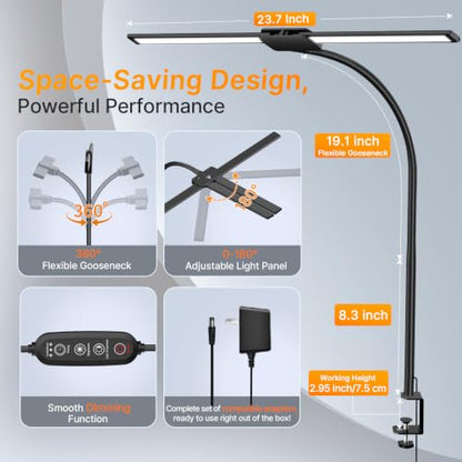Syrinx LED Desk Lamp for Home Office, 18W 2000LM Dual Head Architect Lamp | Wide-Area Eye-Caring Lighting, Adjustable Gooseneck, Gesture & Wired Control, Memory & Timer, 50 Modes for Study & Crafting - color: Black