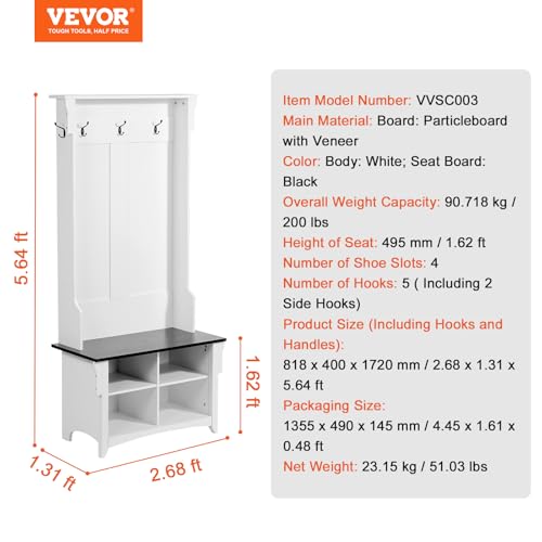 VEVOR Hall Tree Entryway Bench, Coat Rack with Shoe Storage, 32" Wide Mudroom Bench with Seating and Adjustable Shelves, 5 Hanging Hooks and 4 Storage Drawers, for Mudroom, Entryway, Hallway - size: 32" Wide