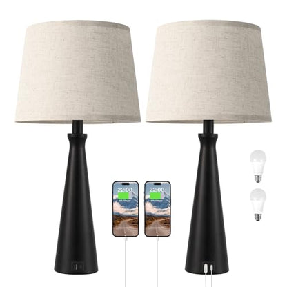 Modern Touch Lamps for Nightstand, 3 Way Dimmable Bedroom Lamp Set of 2 | USB C+A Charging Ports, Black Bedside Lamps for Bedroom, Living Room, End Table, Bed Side, LED Bulb Included - color: E. Black Base-Beige Shade