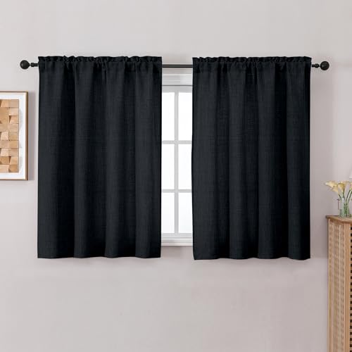 Chyhomenyc Black Kitchen Curtains 45 Inch Length 2 Panels, Light Filtering Textured Short Curtains, Soft Airy Window Treatment Rod Pocket Curtain for Living Room Bedroom, 30Wx45L Inch - color: Black, size: 30"W x 45"L (Pack of 2)