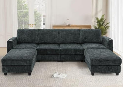 110" Convertible U-Shape Couch with 2 Flexible Ottomans, Grey | Soft Sectional Sofa with Durable Cup Holders, Chenille 4 Seater Sofa with Well-Filled Backrest for Living Room, House - color: Grey, size: 110" U-Shape
