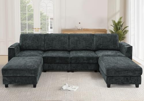 110" Convertible U-Shape Couch with 2 Flexible Ottomans, Grey | Soft Sectional Sofa with Durable Cup Holders, Chenille 4 Seater Sofa with Well-Filled Backrest for Living Room, House - color: Grey, size: 110" U-Shape
