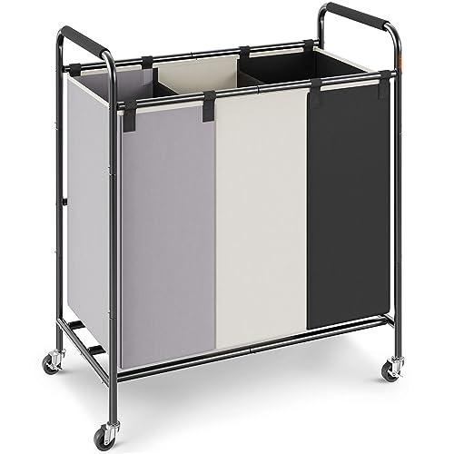 VEVOR 3-Section Laundry Basket, Heavy Duty Laundry Hamper Storage Organizer, Laundry Sorter Cart with Heavy Duty Lockable Wheels for Dirty Clothes in Laundry Room Bedroom