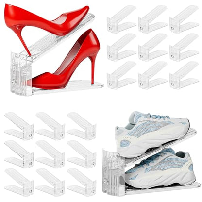Shoe Stacker, Shoe Slot Organizer for Closet, Shoe Storage Rack | 20 Pack, Clear, 50% Space Saver, 3 Adjustable Height, Tool-Free Assembly, 30% Thicker, Superior Load Bearing - size: 20 Pack