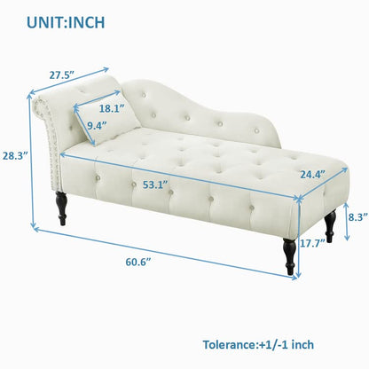 60" Modern Velvet Chaise Lounge Indoor,Upholstered Lounge Chair with Left Armrest and Lumbar Pillow, Button Tufted Lounge Sofa for Living Room Bedroom Office,Mini Chaise Longue Sofa (White) - color: White