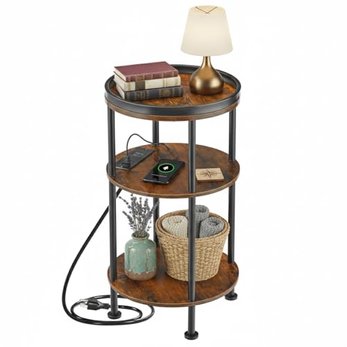 Small Round Side Table with Charging Station for Small Spaces, Rustic Brown | 3-Tier Round Accent Table with USB Ports & Power Outlets, Corner Table Sofa End Table for Living Room Nightstand for Bedroom - color: Rustic Brown, style: USB Charger