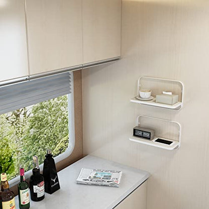 WELLAND Arlington Floating Shelves Set of 2 | Folding Display Wall Shelves | Walnut Grain Wooden Board & Metal Frame | 12" W x 5" D x 7" H | White (Upgraded) - color: White+wood Grain