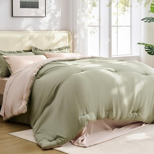 7 Pieces Comforter Set King Size, Reversible Oatmeal & Sage Green Bedding Set, Soft Brushed Microfiber Comforter with Flat Sheet, Fitted Sheet, Pillowcases & Shams, 104"X90" - color: Oatmeal & Sage Green, size: King (106"×90")