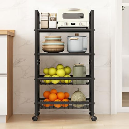 4-Tier Metal Rolling Cart with Removable Grid Shelves, Lockable Wheels & Handle for Kitchen, Bathroom, Office Storage, Black (Medium) - size: 19.7 in