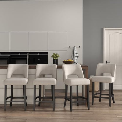 VKNOW Bar Stools Set of 4, 26" Upholstered Counter Height Bar Stools | Modern Counter Stools with Black Rubberwood Legs for Kitchen Island Dining Room Bar, Beige-Black Legs - color: Beige-black Legs, size: Set of 4