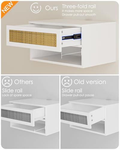 Modern Floating Nightstand with Drawer, Wall Mount Shelves, White Rattan | Small Space Saver, Modern Minimalist Design, Wall Mounted Shelves, for Bedroom, Bathroom, Living room, Easy Assembly, Rattan - color: White Rattan