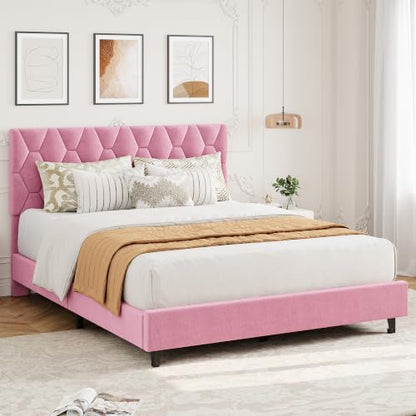 GAOMON Pink Full Bed Frame with Upholstered Headboard, Heavy-Duty Platform Bed Frame with Strong Wood Slats, No Box Spring Needed/Noise Free/Easy Assembly | Heavy-Duty Bed Frame with Wooden Slats Support Upholstered Mattress Foundation No Box Spring Neede