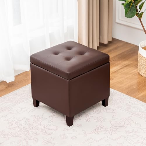 Storage Ottoman, 17" Fuax Leather Square Tufted Footrest Stool with Hinged Lid & Wooden Legs, Extra Seat or Coffee Table for Living Room, Bedroom, Entryway, Tan Brown - color: Tan Brown Leather