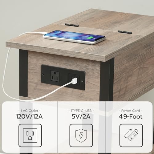 HOOBRO End Table with Charging Station, Flip Top Side Table with USB Ports, Narrow Nightstand Bedside Tables with Storage Shelves, for Small Space, Living Room,Greige and Black BG141UBZ01 - color: Greige + Black