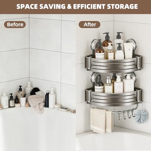 Suction Cup Corner Shower Caddy, No Drill, 2 Tier, Gray | Aluminum, With Hooks, Floating Rack for Inside, Bathroom Wall Shelf Organizer - style: Suction Cup Corner Shower Caddy ,2 Tier ,Gray