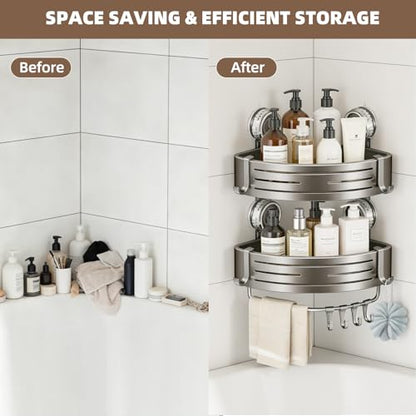 Suction Cup Corner Shower Caddy, No Drill, 2 Tier, Gray | Aluminum, With Hooks, Floating Rack for Inside, Bathroom Wall Shelf Organizer - style: Suction Cup Corner Shower Caddy ,2 Tier ,Gray