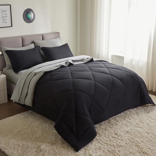 Joiedomi Queen Comforter Set with Sheets Black, 7 Pieces Queen Bed Set with 1 Down Alternative Comforter, 1 Flat Sheet, 1 Fitted Sheet, 2 Pillowcases and 2 Pillow Shams, Bed in a Bag for All Seasons - color: Black, size: Queen