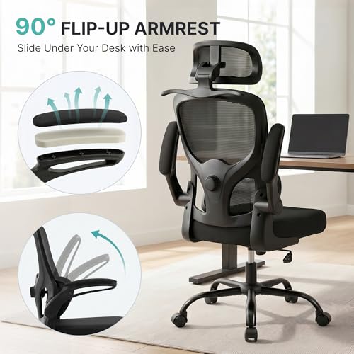 Ergonomic Office Chair 330 lbs, High Back Mesh Computer Chair with Adjustable LumbarSupport, 3D Adjustable Headrest, Flip-Up Armrests for Home Office Desk