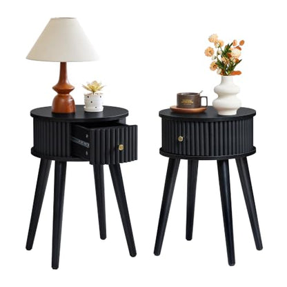 Round Fluted Side Table Set of 2, Small End Table with Fluted Drawer, Mid-Century Modern Wooden Bedside Table Round Nightstand Small Sofa Side Table for Living Room(Black) - color: Black, size: 15.7"D x 15.7"W x 23.6"H