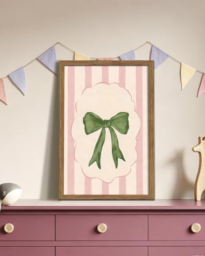 Preppy Bow Wall Art Canvas Framed Poster Painting Print Picture, Pink Stripe Coquette Ribbon Artwork, Minimalist Girly Aesthetic Wall Decor for Bedroom Dorm Vanity Living Room Home Decor 16x24 Inch - color: A-Bow, size: 24"L x 16"W