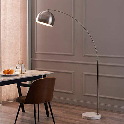 Teamson Home Arquer 68.1" Arc Floor Lamp for Living Rooms, Home Offices, Dining Rooms, Bedrooms with Faux White Marble Base and Nickel Bell Shade - color: Nickle Shade / White Marble Base