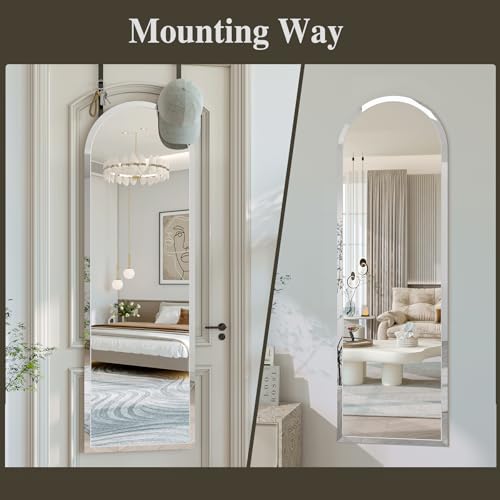 Over the Door Mirror Full Length, 48x14 Inch Frameless Door Mirror | 2 Hooks, frameless, full length, 20mm beveled edge, 5mm HD glass, rectangle, anti-rust, for bedroom/entryway/cloakroom - size: 48"L x 14"W