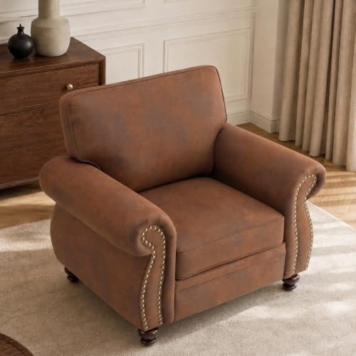 42”W Mid-Century Accent Chair, Single Sofa, Caramel Rust | Faux Leather Fabric Armchair for Living Room, Upholstered Sofa Chair for Bedroom, Nailhead Trim Design - color: Caramel Rust, size: S-1 seat