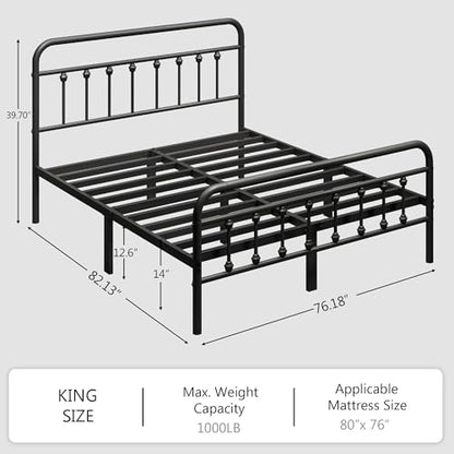 zunatu King Size Metal Bed Frame with Victorian Style Headboard and Footboard, Steel Slat Support Platform Bed, No Box Spring Needed, Under Bed Storage, Easy Assembly, Black - size: King Size