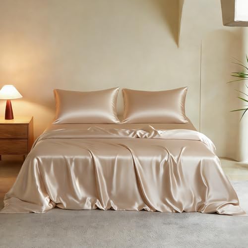 THXSILK Luxury Queen Silk Duvet Cover Set 3 Pieces, Extra Soft, Breathable & Cooling Bedding Set, Machine Washable & Durable, 1 Duvet Cover & 2 Pillowcases with Zipper Closure(Champagne) - color: Champagne, size: Queen (3 pcs)