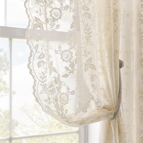 FINECITY Short Beige Lace Curtains Rustic Leaf Floral W42xL36 Inch 2 Panels | Rod Pocket, Textured Knit Flows, Window Glow Softened, Rustic Neutral Suits Farmhouse, Short Drop Keeps Sills Clear, Privacy - color: Beige, size: 42"W x 36"L (Pack of 2)