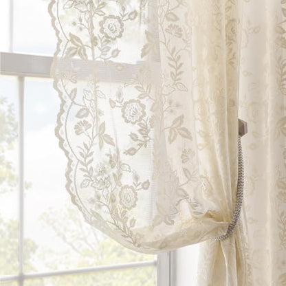 Beige Lace Kitchen Curtains Rustic Leaf Floral W42 x L45 Inch 2 Panels | Rod Pocket, Airy Knit Falls, Rays Diffused, Earthy Tone Warms Rustic Rooms, Compact Drape Keeps Sills Clear, Privacy - color: Beige, size: 42"W x 45"L (Pack of 2)