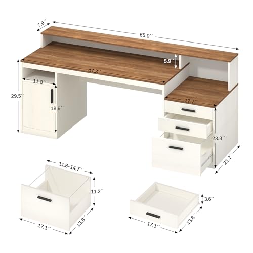 65" Computer Desk with 3 Drawers & Printer Shelf for Home Office | Office Desk with Printer Shelf & File Drawer, Executive Desk Writing Study Table with Monitor Stand, Brown & White - color: Antique White