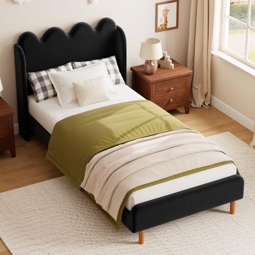Garvee Twin Bed Frame for Kids, Upholstered Scalloped Wave Tall Headboard, Chenille Wingback Design, Wood Slat Support, No Box Spring Needed, Easy Assembly, Black | Upholstered Scalloped Wave Tall Headboard, Wood Slat Support, No Box Spring Needed, Easy A
