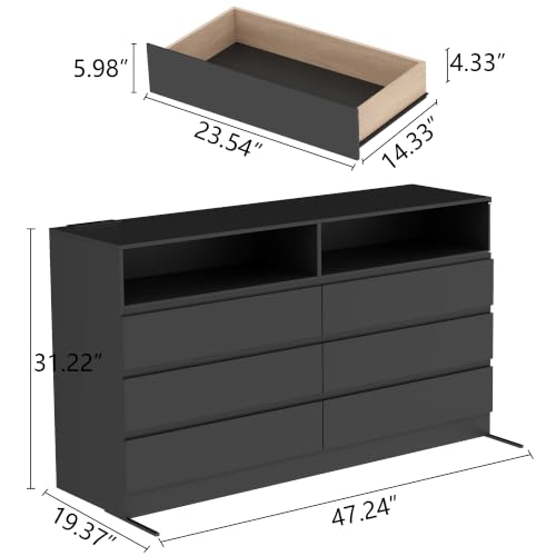 Gyfimoie Black 6-Drawer Dresser for Bedroom w/Power Outlet and LED Light | Modern Double Dresser with 2 Open Cubbies, Spacious Chest of Drawers, and TV Stand Function for Living Room - color: Black, size: 19.4"D x 47.3"W x 31.2"H (6 Drawers)