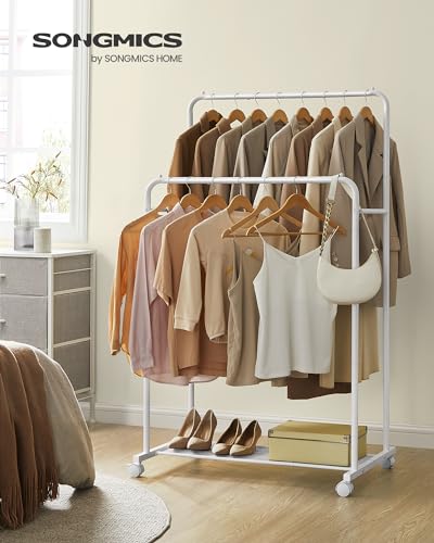 SONGMICS Double Rods Clothes Rack with Wheels, Clothing Rack for Hanging Clothes, Heavy Duty Garment Rack with Mesh Storage Shelf, 2 Brakes, Each Top Rail Holds up to 77 lb, White UHSR026W01 - color: White, style: Double Rod