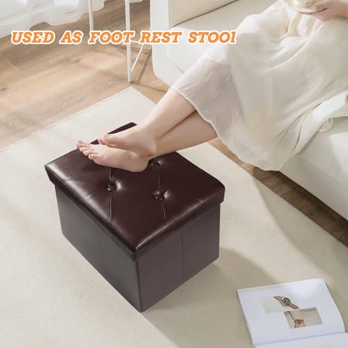 Ottoman with Storage Foot Stool, 17 Inches Folding Storage Ottomans, Leather Upholstered Ottoman Foot Rest with Side Pockets, Suitable for Living Room, Bedroom, Cafe (Brown Rhombus) - size: 17"D x 12.5"W x 12.5"H