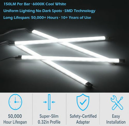 Cefrank 4-Pack 12" LED Display Light Bar, 6000K White Plug-in ETL Showcase | Under Cabinet Lighting for Kitchen Counter, Curio, Glass Display, Bookshelf, Screw & Tape Mount