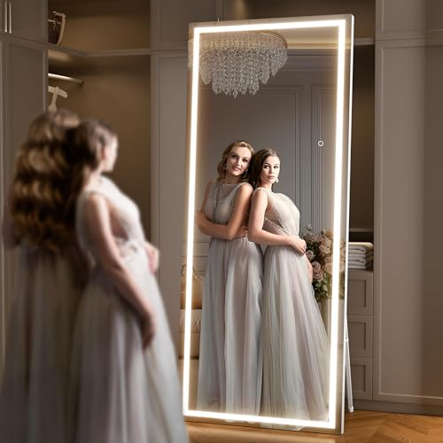 75" x 28" Full Length Mirror with Lights, LED Lighted Floor Standing Body Mirror, Dimmable & 3 Color Lighting for Bedroom, Cloakroom, Dressing Room, Tempered Glass, White Frame - color: White, size: 75"L x 28"W