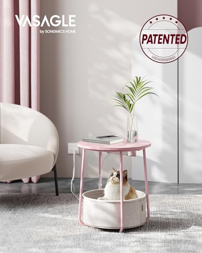 VASAGLE LILEA Colection - Side Table with Charging Station, Round End Table with Fabric Basket, Nightstand with Power Outlets, USB Ports, Modern, Jelly Pink and Cream White ULET228R01 - color: Jelly Pink + Cream White, size: Without LED light