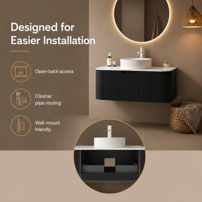 48" Floating Bathroom Vanity with Sink, Wall Mounted Plywood Cabinet, Black Fluted Front, Sintered Stone Countertop, White Round Ceramic Vessel Sink, Soft-Close Drawer, Pre-Assembled - color: Black Cabinet / White Sink, size: 48 Inch