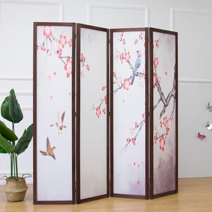 4 Panel Fabric Room Divider with Pattern, 5.6 ft Tall Folding Privacy Screen for Room Separation, Premium Thickened Wood Frame Freestanding Partition Wall, Red Plum (67" H x 63" W) - color: Red Plum