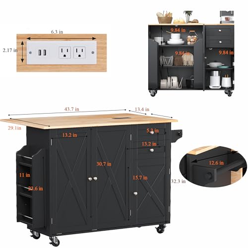50.4" Kitchen Island with Drop Leaf & Power Outlet, Farmhouse Rolling Island Cart with 3 Spices Shelves on Wheels, Mobil Kitchen Island Table with Rubberwood Countertop Towel Rack, Black - color: Black, size: 3 Spice Shelves