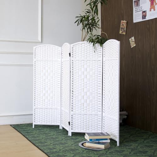 4-Panel Short Room Divider, 3.9 ft Freestanding Partition Wall, Natural White Rattan Double-Sided Folding Screen for Living Room, Bedroom & Corner Privacy - color: White, size: 4 Panel