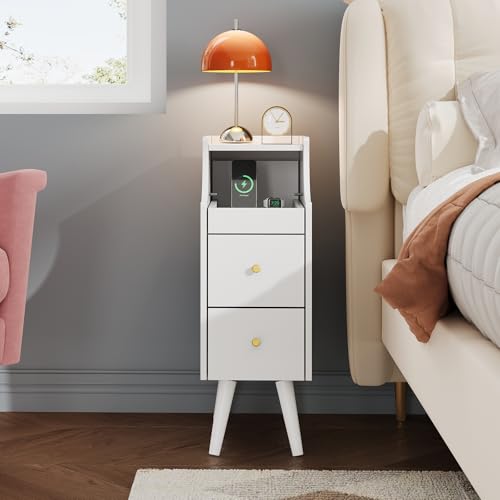 WLIVE Small Nightstand with Drawers, Narrow Bedside Tables with Open Shelf & Cable Hole, Narrow Nightstand for Bedroom, Modern Storage Cabinet for Small Spaces/Living Room, White - color: White
