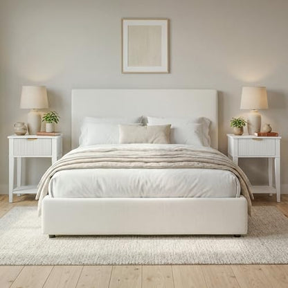 White 15.4" Wide Small Nightstand with Drawer,Open Shelf,Fluted Front | Bright white tone, ribbed fluted front, 11.8-inch slim depth, concealed storage, clean fit for bed, sofa side, or chair side - color: White