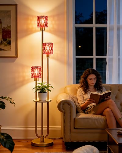 62IN Gold Floor Lamp with Deep Red Glass Shade 3-Lights Mid-Century Modern Farmhouse Floor Lamps with 3000K Warm White Bulbs, Tall Standing Lamp with 5Lbs Heavy Base for Living Room/Bedroom - color: 3 Deep Red Cylinder-Gold