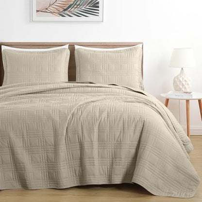 Chezmoi Collection Kingston Queen Size Bedspread Set, 3-Piece Khaki Oversized Quilted Microfiber Lightweight Bedspread Coverlet (100"x106") for All Seasons - color: Khaki, size: Queen