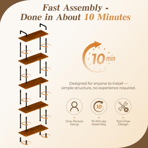 Industrial Bookshelf, Pipe Shelf Bookcase, 5 Tier, 30" Walnut | Solid pine shelves, 30 inch wide, black pipe frame, 35 lbs per shelf, open bookcase for books, plants, office - color: Walnut Brown, size: 30"L × 70"H